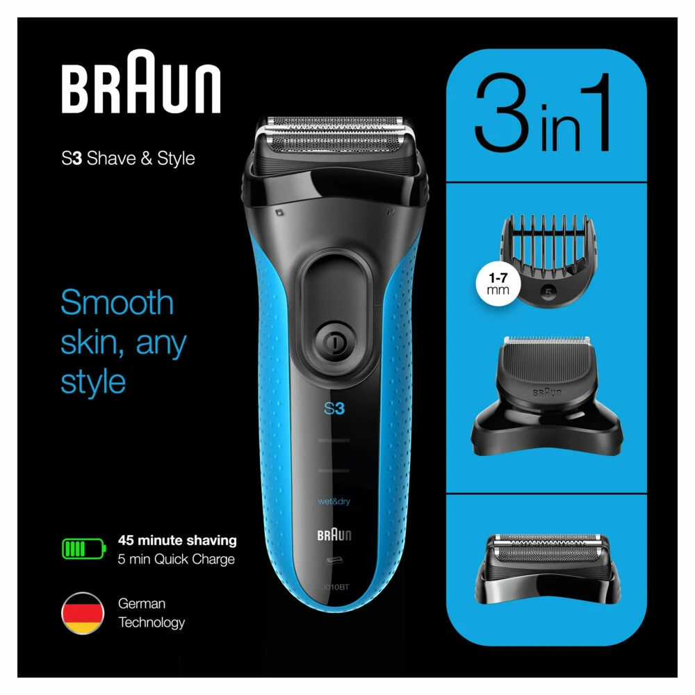 Braun Elektrisch Scheerapparaat Series 3 3010BT Zwart / Blauw 3 Braun Elektrisch Scheerapparaat Series 3 3010BT Zwart / Blauw