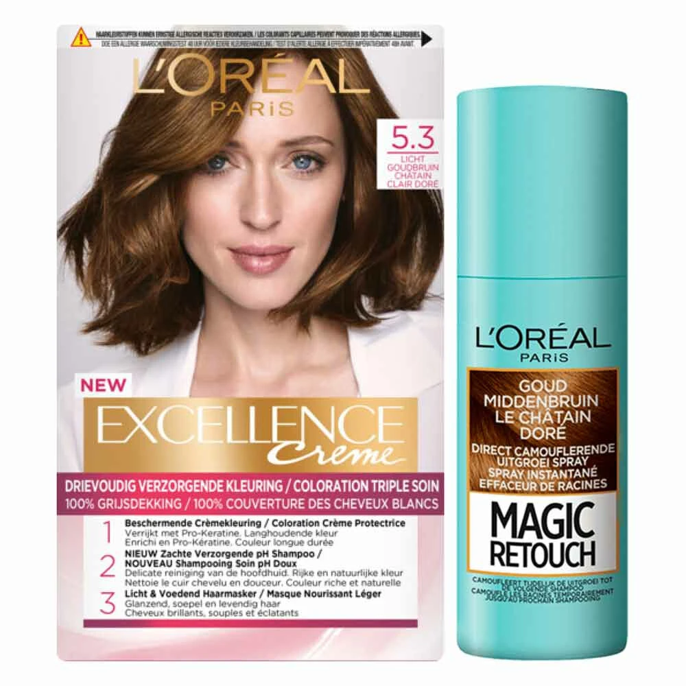 L'Oreal Lu0027Oréal Excellence Creme Haarverf 5.3 Licht Goudbruin + Magic Retouch Uitgroeispray Goud Middenbruin 75 Ml Pakket 3 L'Oreal Lu0027Oréal Excellence Creme Haarverf 5.3 Licht Goudbruin + Magic Retouch Uitgroeispray Goud Middenbruin 75 Ml Pakket